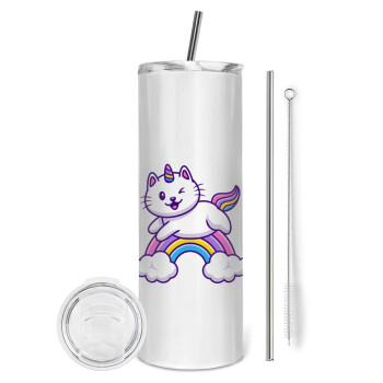 Cute cat unicorn, Tumbler stainless steel 600ml, with metal straw & cleaning brush