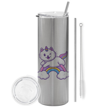 Cute cat unicorn, Eco friendly stainless steel Silver tumbler 600ml, with metal straw & cleaning brush