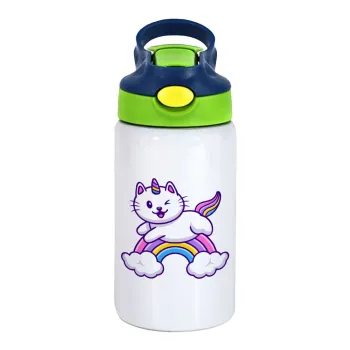Cute cat unicorn, Children's hot water bottle, stainless steel, with safety straw, green, blue (350ml)