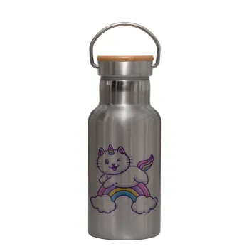Cute cat unicorn, Stainless steel metallic thermos flask, silver with a bamboo lid, double-walled, 350ml.