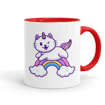 Cute cat unicorn, Κούπα χρωματιστή κόκκινη, κεραμική, 330ml