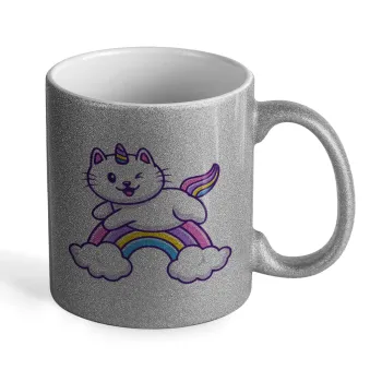 Cute cat unicorn, Κούπα Ασημένια Glitter που γυαλίζει, κεραμική, 330ml
