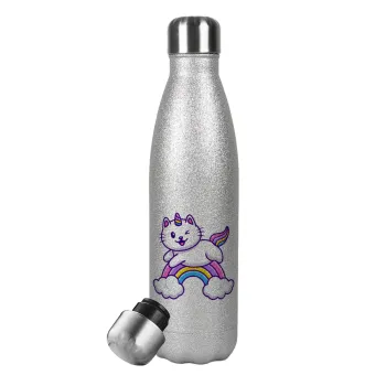 Cute cat unicorn, Metallic Glitter Silver Thermos Flask (Stainless steel), double-walled, 500ml