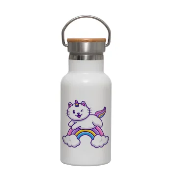 Cute cat unicorn, Metallic thermos (Stainless steel) White with wooden lid (bamboo), double-walled, 350ml