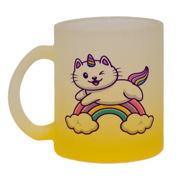 Cute cat unicorn, Κούπα γυάλινη δίχρωμη με βάση το κίτρινο ματ, 330ml