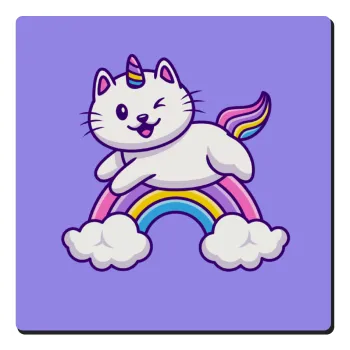Cute cat unicorn, Τετράγωνο μαγνητάκι ξύλινο 6x6cm