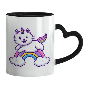 Cute cat unicorn, Mug heart black handle, ceramic, 330ml