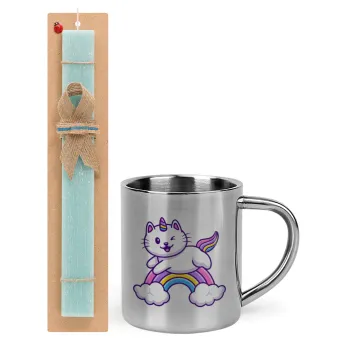 Cute cat unicorn, Easter Set, metallic thermal cup (300ml) & aromatic flat Easter candle (30cm) (TURQUOISE)