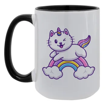 Cute cat unicorn, Κούπα Mega 15oz, κεραμική Μαύρη, 450ml