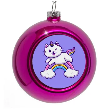 Cute cat unicorn, Στολίδι Χριστουγεννιάτικη μπάλα δένδρου Μωβ 8cm