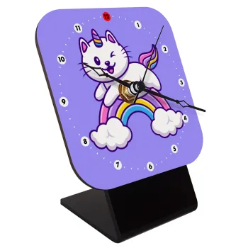 Cute cat unicorn, Επιτραπέζιο ρολόι ξύλινο με δείκτες (10cm)
