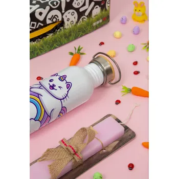 Cute cat unicorn, Πασχαλινή Λαμπάδα με παγούρι μεταλλικό (620ml, stainless steel) & κερί αρωματικό πλακέ (30cm) (ΡΟΖ)