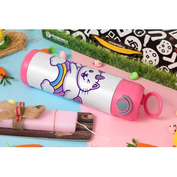 Cute cat unicorn, Easter candle, Childrens hot water bottle, stainless steel, with safety straw, PINK (500ml)