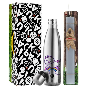 Cute cat unicorn, Easter Set, metallic stainless thermos flask (500ml) & scented flat Easter candle (30cm) (GRAY)