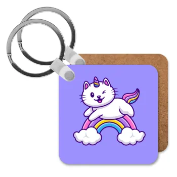 Cute cat unicorn, Μπρελόκ Ξύλινο τετράγωνο MDF