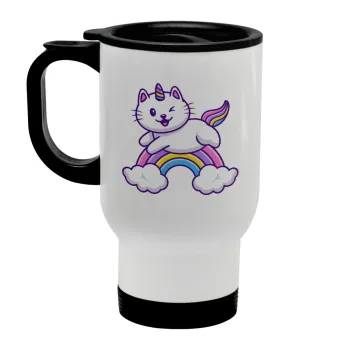 Cute cat unicorn, Κούπα ταξιδιού ανοξείδωτη με καπάκι, διπλού τοιχώματος (θερμό) λευκή 450ml