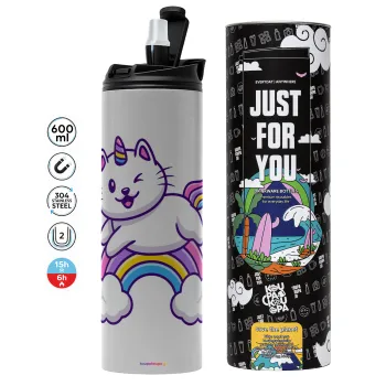 Cute cat unicorn, Tumbler stainless steel GREY 600ml