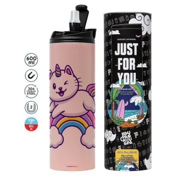 Cute cat unicorn, Tumbler stainless steel PINK 600ml