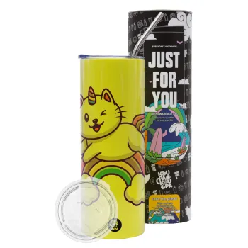 Cute cat unicorn, Neon Yellow Travel Tumbler θερμό, μεταλλικό καλαμάκι(Ανωξείδωτο 304 Food grade, BPA free, 600ml)