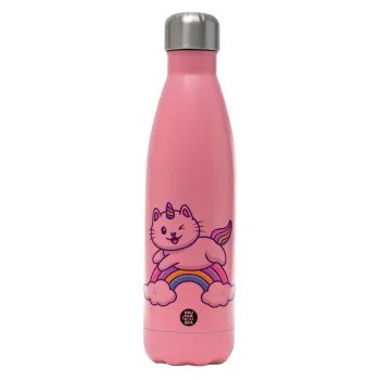 Cute cat unicorn, Metal mug thermos Pink Mat (Stainless steel), double wall, 500ml