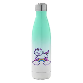 Cute cat unicorn, Metal mug thermos Green/White (Stainless steel), double wall, 500ml