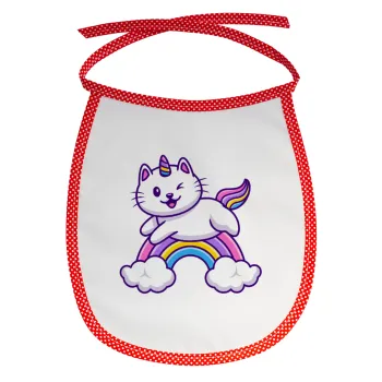 Cute cat unicorn, Σαλιάρα μωρού αλέκιαστη με κορδόνι Κόκκινη