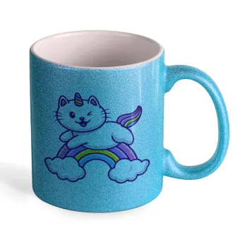 Cute cat unicorn, Κούπα Σιέλ Glitter που γυαλίζει, κεραμική, 330ml