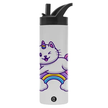 Cute cat unicorn, Metallic thermos bottle with straw & handle, stainless steel (Stainless steel 304), double-walled, 600ml.