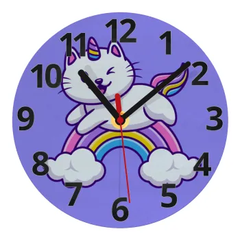 Cute cat unicorn, Ρολόι τοίχου γυάλινο (20cm)