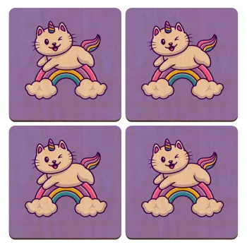 Cute cat unicorn, ΣΕΤ x4 Σουβέρ ξύλινα τετράγωνα plywood (9cm)