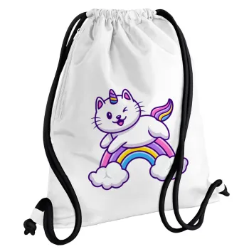Cute cat unicorn, Τσάντα πλάτης πουγκί GYMBAG λευκή, με τσέπη (40x48cm) & χονδρά κορδόνια