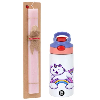 Cute cat unicorn, Easter Set, Children's thermal stainless steel water bottle with safety straw, pink/purple (350ml) & Easter scented flat candle (30cm) (PINK)