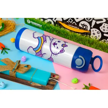 Cute cat unicorn, Easter candle, Childrens hot water bottle, stainless steel, with safety straw, BLUE (500ml)