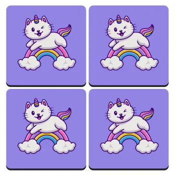 Cute cat unicorn, ΣΕΤ 4 Σουβέρ ξύλινα τετράγωνα (9cm)