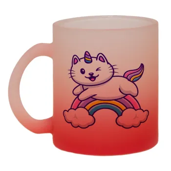 Cute cat unicorn, Κούπα γυάλινη δίχρωμη με βάση το κόκκινο ματ, 330ml