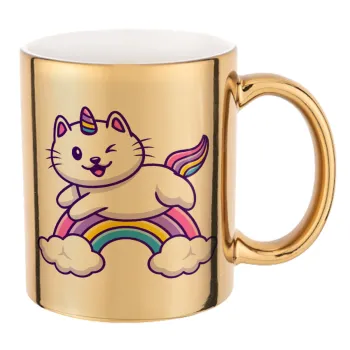 Cute cat unicorn, Κούπα κεραμική, χρυσή καθρέπτης, 330ml