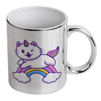 Cute cat unicorn, Κούπα κεραμική, ασημένια καθρέπτης, 330ml