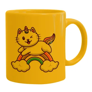 Cute cat unicorn, Κούπα, κεραμική κίτρινη, 330ml