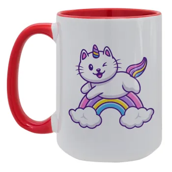 Cute cat unicorn, Κούπα Mega 15oz, κεραμική Κόκκινη, 450ml