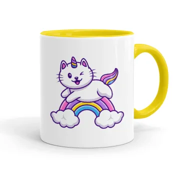 Cute cat unicorn, Κούπα χρωματιστή κίτρινη, κεραμική, 330ml