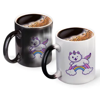 Cute cat unicorn, Color changing magic Mug, ceramic, 330ml when adding hot liquid inside, the black colour desappears (1 pcs)