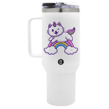 Cute cat unicorn, Mega Tumbler με καπάκι, διπλού τοιχώματος (θερμό) 1,2L