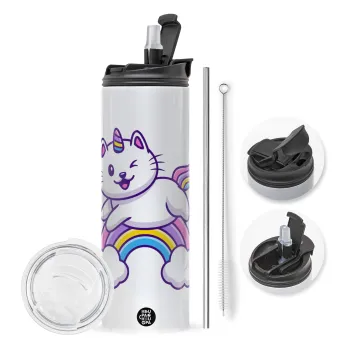 Cute cat unicorn, Travel Tumbler θερμό με διπλό καπάκι, μεταλλικό καλαμάκι και βούρτσα καθαρισμού (Ανωξείδωτο 304 Food grade, BPA free, 600ml)