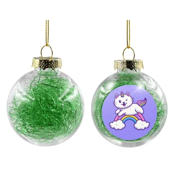 Cute cat unicorn, Transparent Christmas tree ball ornament with green filling 8cm