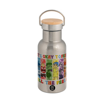 Inside Out It's Okay To Feel All The Feels , Stainless steel metallic thermos flask, silver with a bamboo lid, double-walled, 350ml.