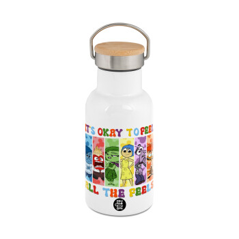 Inside Out It's Okay To Feel All The Feels , Metallic thermos (Stainless steel) White with wooden lid (bamboo), double-walled, 350ml