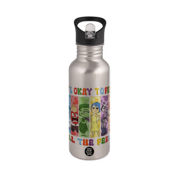 Inside Out It's Okay To Feel All The Feels , Water bottle Silver with straw, stainless steel 600ml