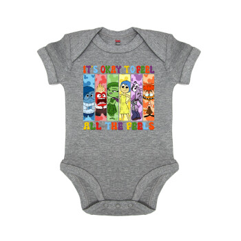 Inside Out It's Okay To Feel All The Feels , Βρεφικό φορμάκι μωρού, 0-18 μηνών, ΓΚΡΙ ΜΕΛΑΝΖΕ, 100% Organic Cotton, κοντομάνικο