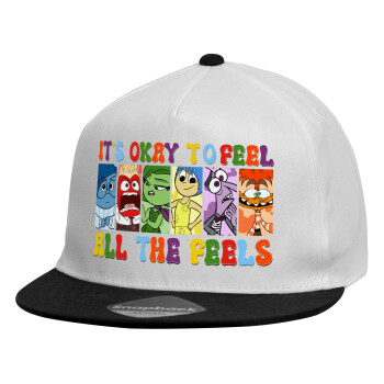 Inside Out It's Okay To Feel All The Feels , Καπέλο παιδικό Flat Snapback, Λευκό (100% ΒΑΜΒΑΚΕΡΟ, ΠΑΙΔΙΚΟ, UNISEX, ONE SIZE)