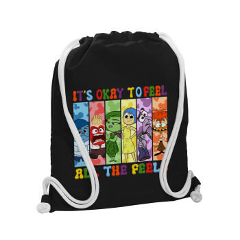 Inside Out It's Okay To Feel All The Feels , Backpack pouch GYMBAG Black, with pocket (40x48cm) & thick white cords